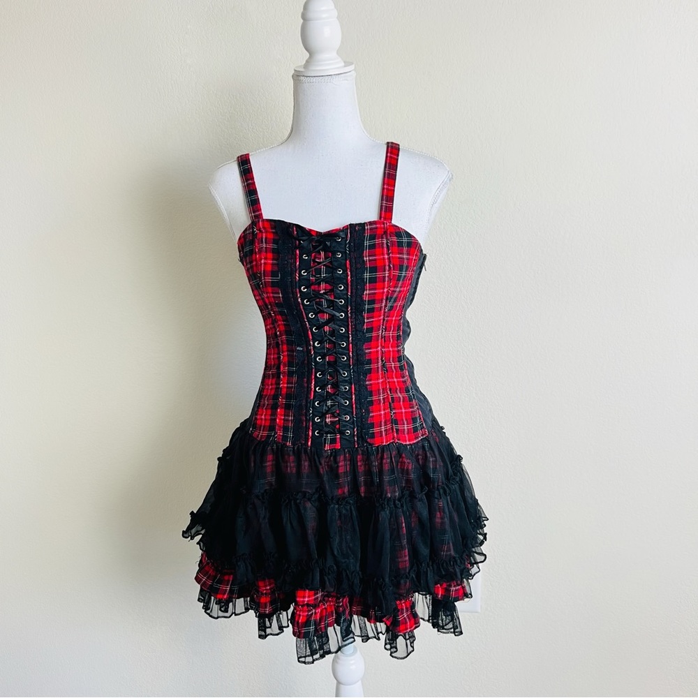 ISO TRADE ONLY! Tripp NYC Vintage Red Plaid Tutu Lace Up Dress - Picture 1 of 10